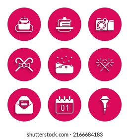 Set Snowfall, Calendar, Microphone, Sparkler firework, Christmas party invitation card, candy cane, Photo camera and Cake icon. Vector