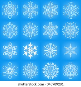 Set of snowflake 14 style on blue background