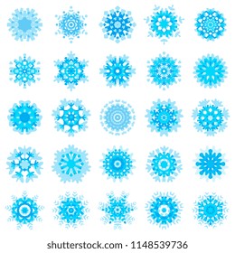 Set of snowflake blue icon isolated on white background. Xmas snow flake element collection for winter Christmas or New Year design and decoration. Refrigerator and cold vector symbol or logo