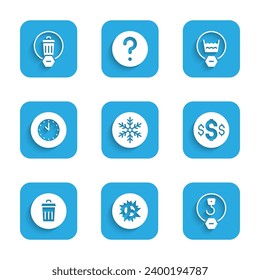 Set Snowflake, Bomb explosion, Industrial hook, Dollar symbol, Trash can, Clock, Delicate wash and  icon. Vector