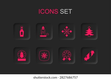 Set Snowflake, Burning candle, Champagne bottle, Christmas wreath, tree, Candy,  and snow globe icon. Vector