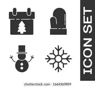 Set Snowflake, Calendar, Christmas snowman and Christmas mitten icon. Vector