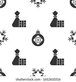 Set Snowflake, Christmas ball and Gift box and bag on seamless pattern. Vector