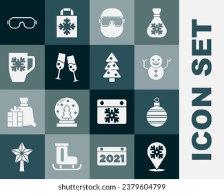 Set Snowflake, Christmas ball, snowman, Ski goggles, Glass of champagne, Coffee cup with snowflake,  and tree icon. Vector