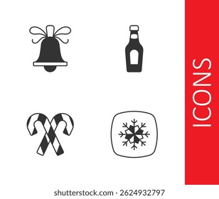 Set Snowflake, Christmas ringing bell, Candy cane with stripes and Champagne bottle icon. Vector