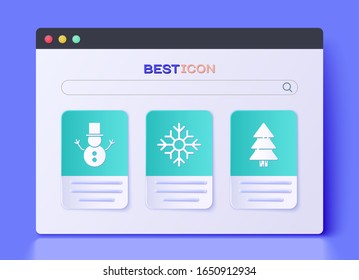 Set Snowflake, Christmas snowman and Christmas tree icon. Vector