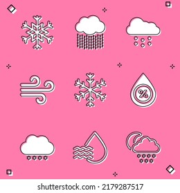 Icono de porcentaje de caída de copo de nieve, nube con lluvia, nieve, viento y agua. Vector