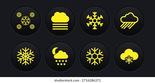 Set Snowflake, Cloud with rain, snow and moon,  and Fog cloud icon. Vector