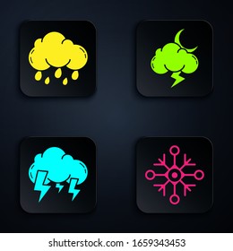 Set Snowflake, Cloud with rain, Storm and Storm. Black square button. Vector