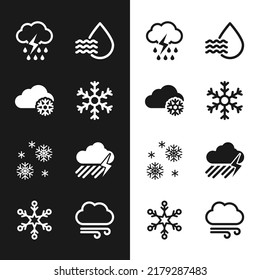 Set Snowflake, Cloud with snow, rain and lightning, Water drop percentage,  and  icon. Vector
