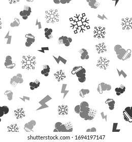 Set Snowflake, Cloud with snow and sun, Thermometer and cloud and Lightning bolt on seamless pattern. Vector