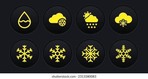 Set Snowflake, Cloud with snow, and sun and  icon. Vector