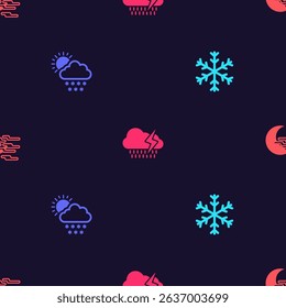 Set Snowflake, Cloud with snow and sun, rain lightning and Fog moon on seamless pattern. Vector