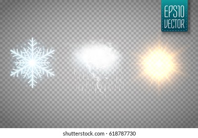 Set of snowflake, cloud with storm and sun isolated on transparent background. Vector illustration