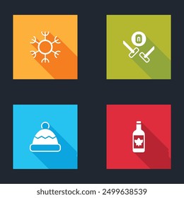 Set Snowflake, Curling sport game, Beanie hat and Beer bottle icon. Vector