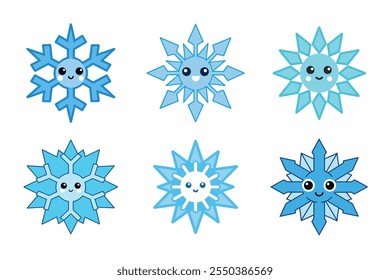 A set of Snowflake with cute face, winter, cold, element, frozen, holiday, Snow winter, Snowflakes icons, Snowflake vector icon, logo, ice