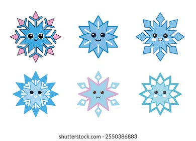 A set of Snowflake with cute face, winter, cold, element, frozen, holiday, ice, Snow winter, Snowflakes icons, Snowflake vector icon, logo, 