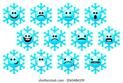 Set of snowflake emoji for winter holidays. Christmas themed collection of stickers or icons with snowflake smile faces. Emotion of snow stars in Xmas smiley bundle