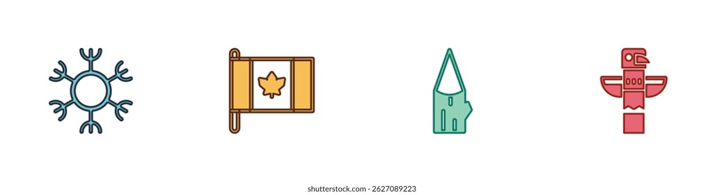 Set Snowflake, Bandeira do Canadá, Logo de madeira e ícone de totem canadense. Vetor