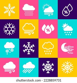 Set Snowflake, Fog and moon, Cloud with snow sun, Windy weather, and icon. Vector