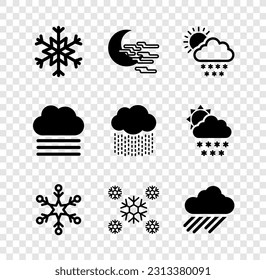 Ponga copo de nieve, niebla y luna, nube con sol de nieve e icono de lluvia. Vector