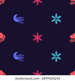 Set Snowflake, Fog and moon,  and Cloud with rain lightning on seamless pattern. Vector