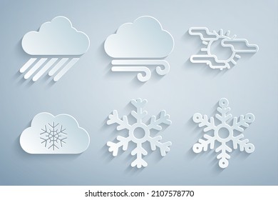Ponga copo de nieve, niebla y sol, Nube con nieve, clima eólico e ícono de lluvia. Vector