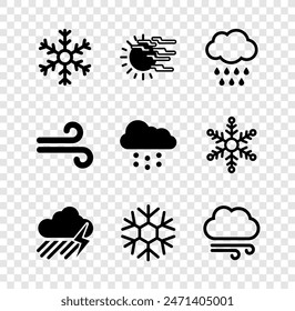 Set Snowflake, Fog and sun, Cloud with rain, lightning,  and Windy weather icon. Vector
