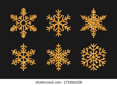 Set of snowflake with gold glitter effect. Christmas decoration sparkles golden glow. Elegant New Year design element with shadow. Glittering ornament Isolated on black background vector illustration.