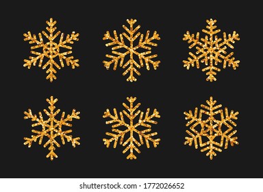 Juego de copos de nieve con efecto de brillo dorado. Icono nieve La decoración navideña enciende el resplandor dorado. Elegante elemento de diseño de Año Nuevo. Brillante ornamento de hielo de invierno. Aislado en la ilustración vectorial negra.