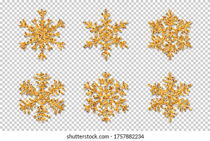Set of snowflake with gold glitter texture. Icon crystal ice with shining sparkling gold light effect. Christmas glittering decoration differnt shape. Vector illustration on transparent background