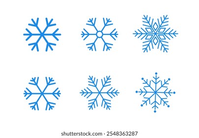 Schneeflocken-Symbol einzeln auf weißem Hintergrund. Schneekälte. Wintersymbol. Weihnachten Schneeflocken dekorativ. Vektorgrafik.