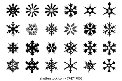 set of snowflake icons. 24 black snowflakes. Vector illustration