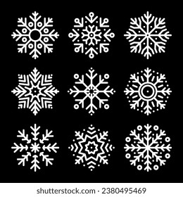 Set von Schneeflocken-Symbolen einzeln auf schwarzem Hintergrund. Silhouette, Winter, Neujahr und Weihnachtsdekoration. Vektorgrafik