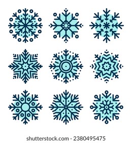 Conjunto de iconos de copos de nieve aislados en fondo blanco. Silueta de iconos de nieve, invierno, Año Nuevo y elementos de decoración navideña. Ilustración del vector