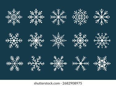 A set of snowflake icons isolated on a white background. New Year symbols for mobile app and website design. Vector snowflake icons, silhouettes.