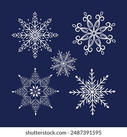 A set of Snowflake icons. Snow vector set. A set of 5 Christmas snow icons. Isolated snowflake icons. A simple snowflake icon in a vector design in a flat style.