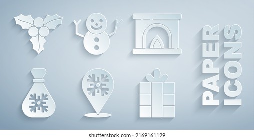 Set Snowflake, Interior fireplace, Santa Claus bag gift, Gift box, Christmas snowman and Branch viburnum icon. Vector