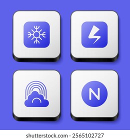 Set Snowflake, Lightning bolt, Rainbow with cloud and Compass north icon. White square button. Vector