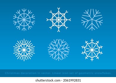 Conjunto de iconos de línea de copo de nieve en vector. Copos de nieve azules de estilo minimalista moderno. Símbolos de Navidad, decoraciones de año nuevo, Ilustraciones de Navidad. Firma el hielo, la insignia de la nieve. Logotipo festivo de temporada de invierno.