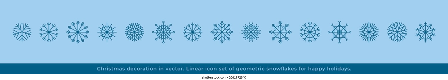 Satz von Snowflake-Linie-Symbolen in Vektorgrafik. Blaue Schneeflocken im trendigen minimalistischen Stil. Weihnachtssymbole, neue Jahresdekorationen, Weihnachtsillustrationen. Schild Eis, Schneezeichen. Feierliche Wintersaison Logotype.
