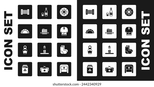 Set Snowflake, Medovik, Dumpling, Accordion, Kosovorotka, Bottle of vodka with glass, Valenki and Russian doll matryoshka icon. Vector