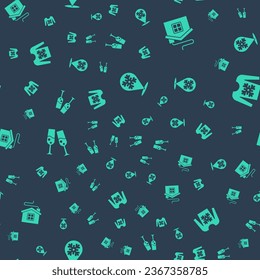 Set Snowflake, Merry Christmas house, Glass of champagne and sweater on seamless pattern. Vector