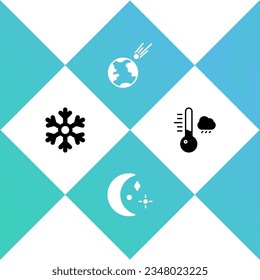 Set Snowflake, Moon and stars, Comet falling down fast and Meteorology thermometer icon. Vector