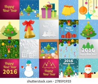 Set of snowflake and New Year 2016 greeting card with decorated christmas tree, snowmans and gifts against the background of glowing cards