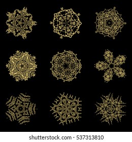  Set of snowflake for the new year 2017. Collection of linear round figures, as the vintage ornament. Blue radial objects on the white background in vector. Decoration for christmas