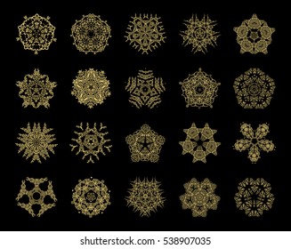  Set of snowflake for the new year 2017. Collection of linear round vintage gold figures. Blue radial objects on the white background in vector. Decoration for christmas