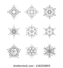  Set of snowflake for the new year . Collection of linear round figures, as the vintage ornament. Black radial objects on the white background in vector. Decoration for christmas