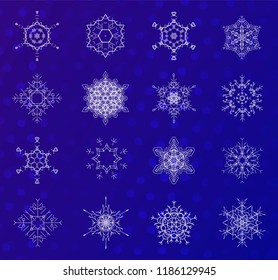  Set of snowflake for the new year . Collection of linear round figures, as the vintage ornament. White radial objects on the blue background in vector. Decoration for christmas