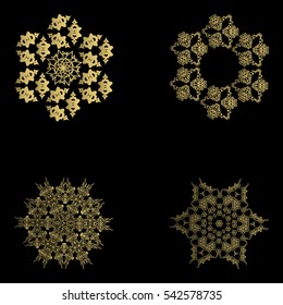  Set of snowflake for the new year. Collection of linear round figures, as the vintage ornament. Gold radial objects on the black background in vector. Decoration for christmas